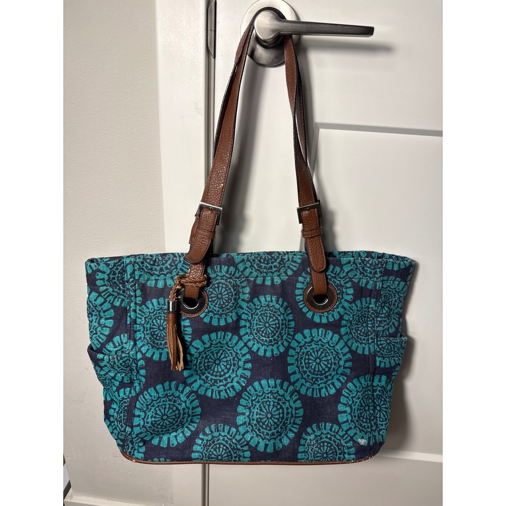 Merona Tote Bag Women Teal Navy Medallion Print Linen Blend‎ Boho Shoulder Strap